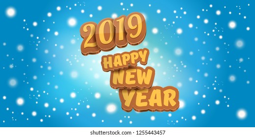 2019 Happy new year horizontal banner background with colorful numbers and cartoon greeting text. Happy new year 2019 label or icon isolated on blue sky background with falling snowflakes