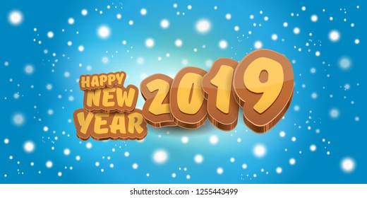 2019 Happy new year horizontal banner background with colorful numbers and cartoon greeting text. Happy new year 2019 label or icon isolated on blue sky background with falling snowflakes
