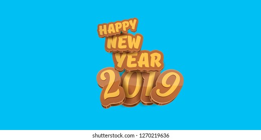 2019 Happy new year horizontal banner background with colorful numbers and cartoon greeting text. Happy new year 2019 label or icon isolated on blue background