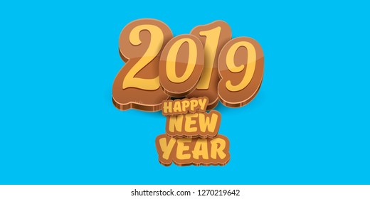 2019 Happy new year horizontal banner background with colorful numbers and cartoon greeting text. Happy new year 2019 label or icon isolated on blue background