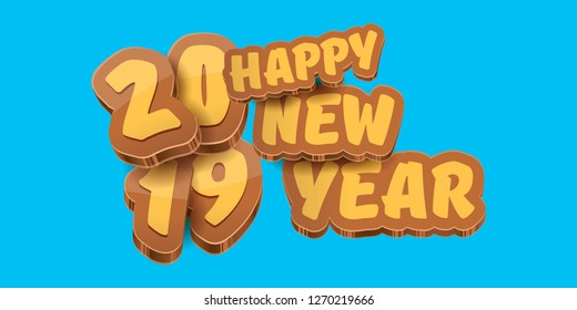 2019 Happy new year horizontal banner background with colorful numbers and cartoon greeting text. Happy new year 2019 label or icon isolated on blue background