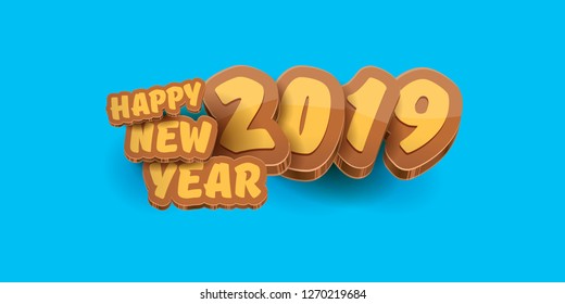 2019 Happy new year horizontal banner background with colorful numbers and cartoon greeting text. Happy new year 2019 label or icon isolated on blue background