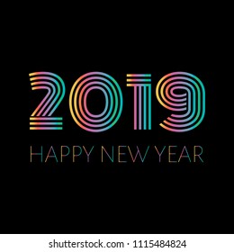 2019 Happy New Year. Illustration for the design of New Year's postcard, calendar. Colorful text isolated on dark background. Vector Illustration.