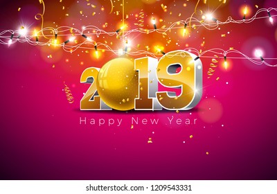 2019 Happy New Year illustration with 3d gold number, christmas ball and lights garland on dark background. Holiday design for flyer, greeting card, banner, celebration poster, party invitation or