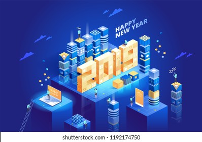2019 Happy New Year. New innovative ideas. Digital technologies. Vector illustration