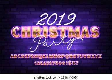 2019 Happy New Year invitation. Golden Christmas font with neon, bold sans serif alphabet, gold character set, modern typeface, typography, Electricity light retro letters. Vector illustration