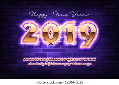 2019 Happy New Year invitation. Golden Christmas font with neon, bold sans serif alphabet, gold character set, modern typeface, typography, Electricity light retro letters. Vector illustration