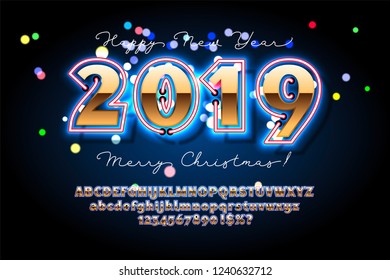 2019 Happy New Year invitation. Golden Christmas font with neon, bold sans serif alphabet, gold character set, modern typeface, typography, Electricity light retro letters. Vector illustration