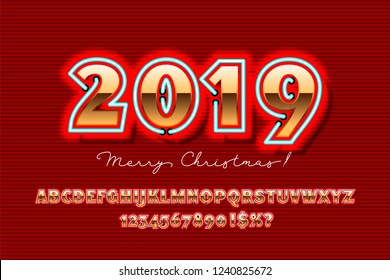 2019 Happy New Year invitation. Golden Christmas font with neon, bold sans serif alphabet, gold character set, modern typeface, typography, Electricity light retro letters. Vector illustration