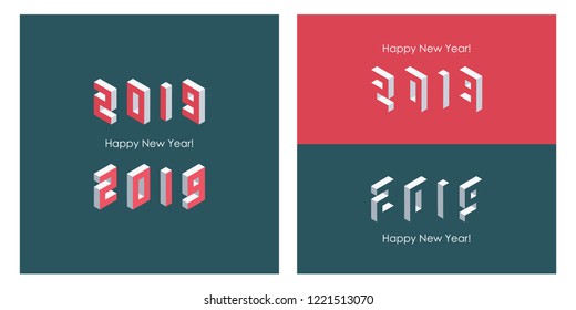 2019 Happy new year isometric set. Vector illustration.