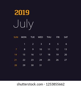 2019 Happy New year July Calendar Template. Christmas Background