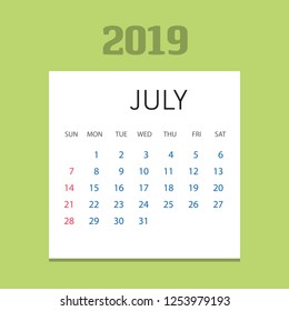 2019 Happy New year July Calendar Template. Christmas Background