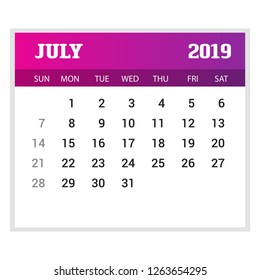 2019 Happy New year July Calendar Template. Christmas Background