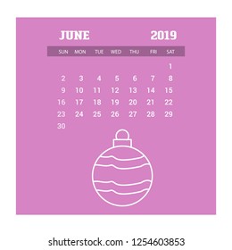2019 Happy New year June Calendar Template. Christmas Background