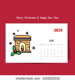 2019 Happy New year June Calendar Template. Christmas Background