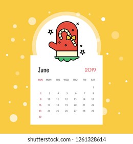 2019 Happy New year June Calendar Template. Christmas Background