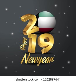 2019 Happy New Year Kuwait Flag Typography. Abstract Celebration background