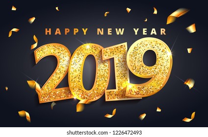 2019 Happy new Year  lettering  luxury premium black template with golden Christmas ball in sparkling background. Happy New Year card design. Vector illustration EPS 10 file.