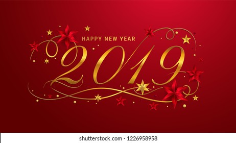 2019 Happy new year lettering template. Greeting or gift voucher card with golden stars, typographic vintage illustration, calligraphic letter