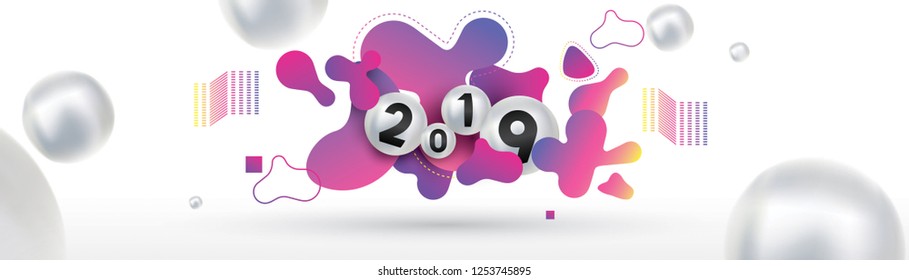 2019 Happy new year with with liquid dynamic fluid spheres and christmas balls or abstract balls or bubbles.3d sign copy space. Festive poster or banner design. Party invitation