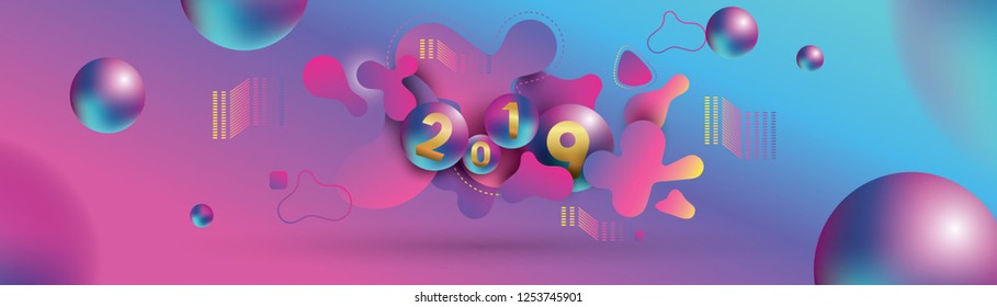 2019 Happy new year with with liquid dynamic fluid spheres and christmas balls or abstract balls or bubbles.3d sign copy space. Festive poster or banner design. Party invitation