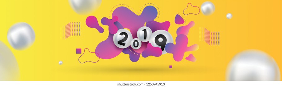 2019 Happy new year with with liquid dynamic fluid spheres and christmas balls or abstract balls or bubbles.3d sign copy space. Festive poster or banner design. Party invitation