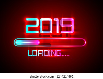 2019 Happy new year with loading icon blue neon style. Progress bar almost reaching new year's eve. Vector illustration with 2019 loading. Isolated or dark red light background