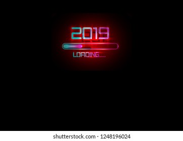 2019 Happy new year with loading icon blue neon style. Progress bar almost reaching new year's eve. Vector illustration with 2019 loading. Isolated or dark red light and black background
