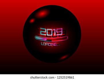 2019 Happy new year with loading icon red neon style. Progress bar almost reaching new year's eve. Vector illustration with 2019 loading in 3D black ball Isolated or dark red light background