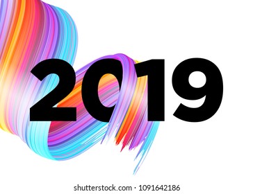 2019 Happy New Year Logo Design. Vector Background with Abstract Splash Shape. Colorful Illustration for 2019 Calendar, Poster, Greeting Card. Christmas Celebration. Acrylic Paint Xmas Design Element.