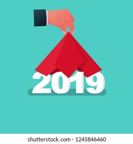 2019 Happy New year. Man hand take off cloth with 2019. Covered red silk. Vector flat design. Isolated on white background. Merry Christmas.