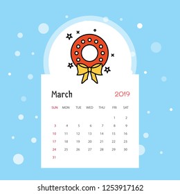 2019 Happy New year March Calendar Template. Christmas Background