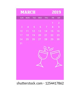 2019 Happy New year March Calendar Template. Christmas Background