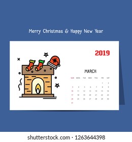 2019 Happy New year March Calendar Template. Christmas Background