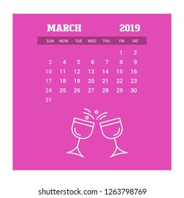 2019 Happy New year March Calendar Template. Christmas Background