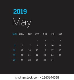 2019 Happy New year May Calendar Template. Christmas Background