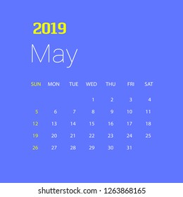 2019 Happy New year May Calendar Template. Christmas Background