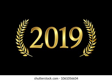 2019 A Happy New Year, merry xmas greetings with palms framed. Luxurious isolated golden round awards graduating sign 20, 1, 9, 19, 21 and 29 numbers. Stained glass branches template on dark black bg.