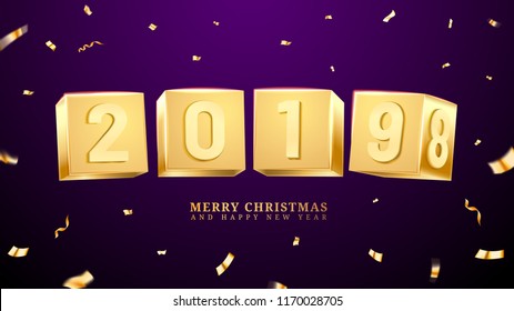 2019 happy new year and merry christmas or x-mas congratulation made of golden bricks or cubes, blocks. Curvy falling confetti for xmas greeting card. Celebration poster and holiday eve theme