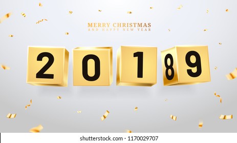 2019 happy new year and merry christmas or x-mas congratulation made of golden bricks or cubes, blocks. Curvy falling confetti for xmas greeting card. Celebration poster and holiday eve theme