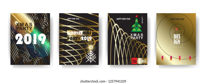 2019 Happy New Year  Merry Christmas Corporate Event Invitation Modern Minimal Geometric design Vector Layout template greeting cards set, abstract gold foil texture festive Winter Holiday Decoration