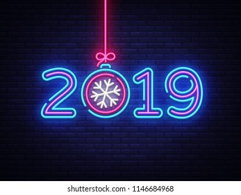 2019 Happy New Year Neon Text. 2019 New Year Design template for Seasonal Flyers and Greetings Card or Christmas themed invitations. Light Banner. Vector Illustration