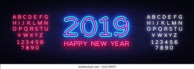 2019 Happy New Year Neon Text. 2019 New Year Design template for Seasonal Flyers and Greetings Card or Christmas themed invitations. Light Banner. Vector Illustration. Editing text neon sign