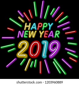 2019 Happy New Year Neon Text. Design template for Seasonal Flyers and Greetings Card or Christmas themed invitations. Light Banner. Vector Illustration. art