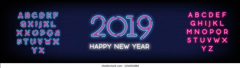 2019 Happy New Year Neon Text with a Brick Wall Background. 2019 New Year Design template for Seasonal Flyers and Greetings Card. Light Banner. Vector Illustration. Editing text neon sign
