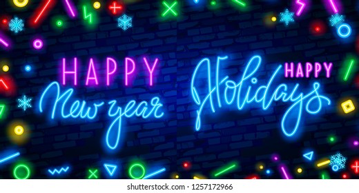 2019 Happy New Year Neon Text. 2019 New Year Design template for Seasonal Flyers and Greetings Card or Christmas themed invitations. Light Banner. Vector Illustration. Editing text neon sign