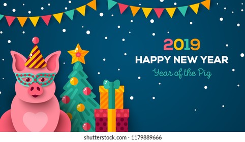 2019 Happy New year night with cheerful pig in carnival mask and cap. Vector illustration. Christmas tree and garlands on blue background