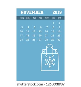 2019 Happy New year November Calendar Template. Christmas Background