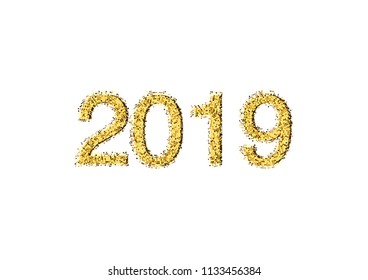 2019 Happy new year. Numbers Golden Glitter Design greeting card. Gold Shining Pattern