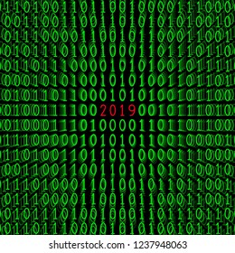2019 Happy New Year. Numbers appearing in the 1 and 0 binary code. Vector illustration.